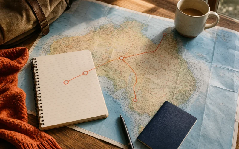 Two-week Australia itinerary route map from Sydney to Uluru and Cairns.