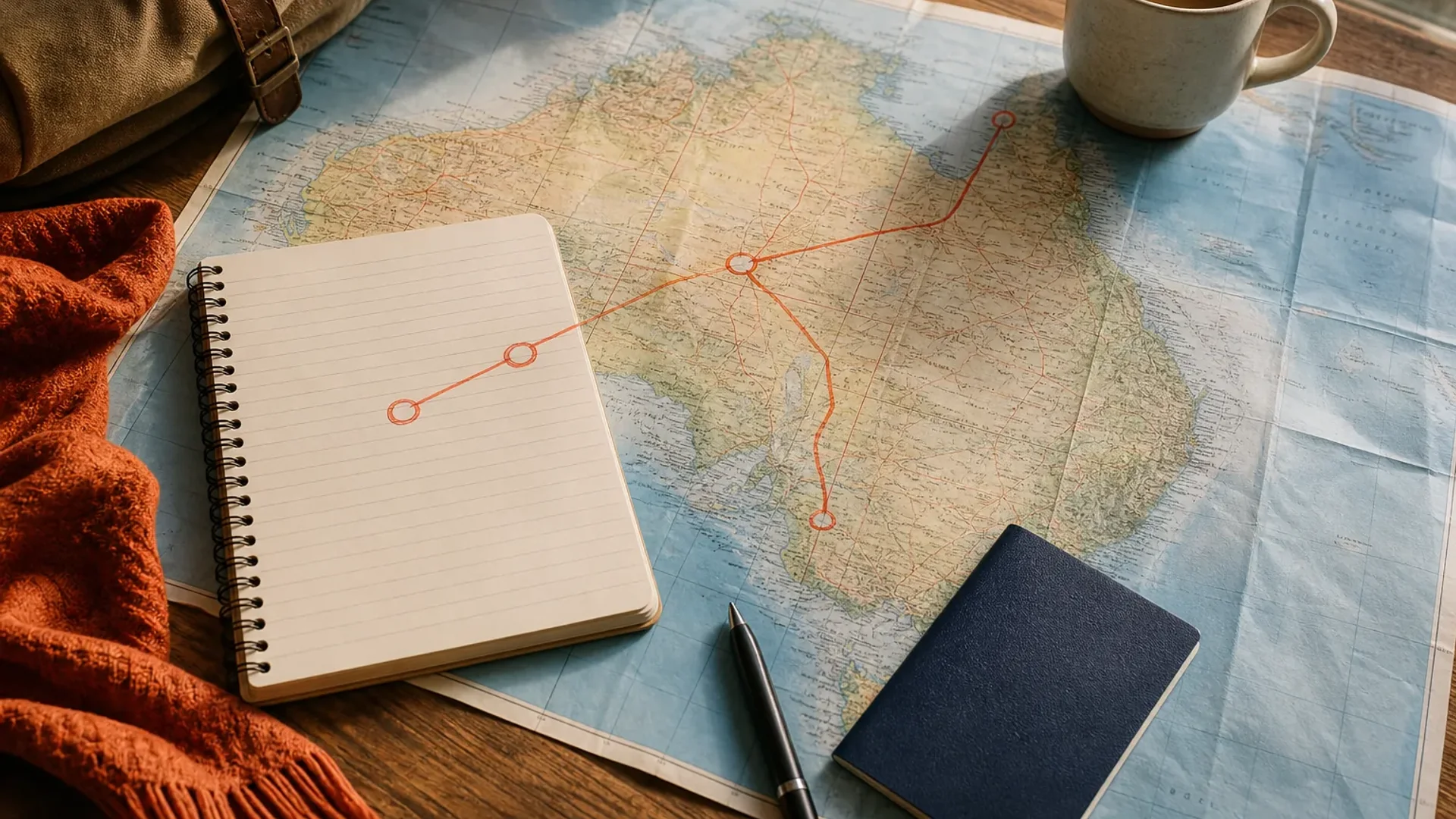 Two-week Australia itinerary route map from Sydney to Uluru and Cairns.