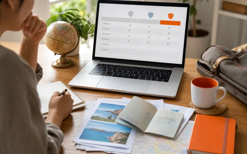 Traveler comparing annual travel insurance plans at a planning desk
