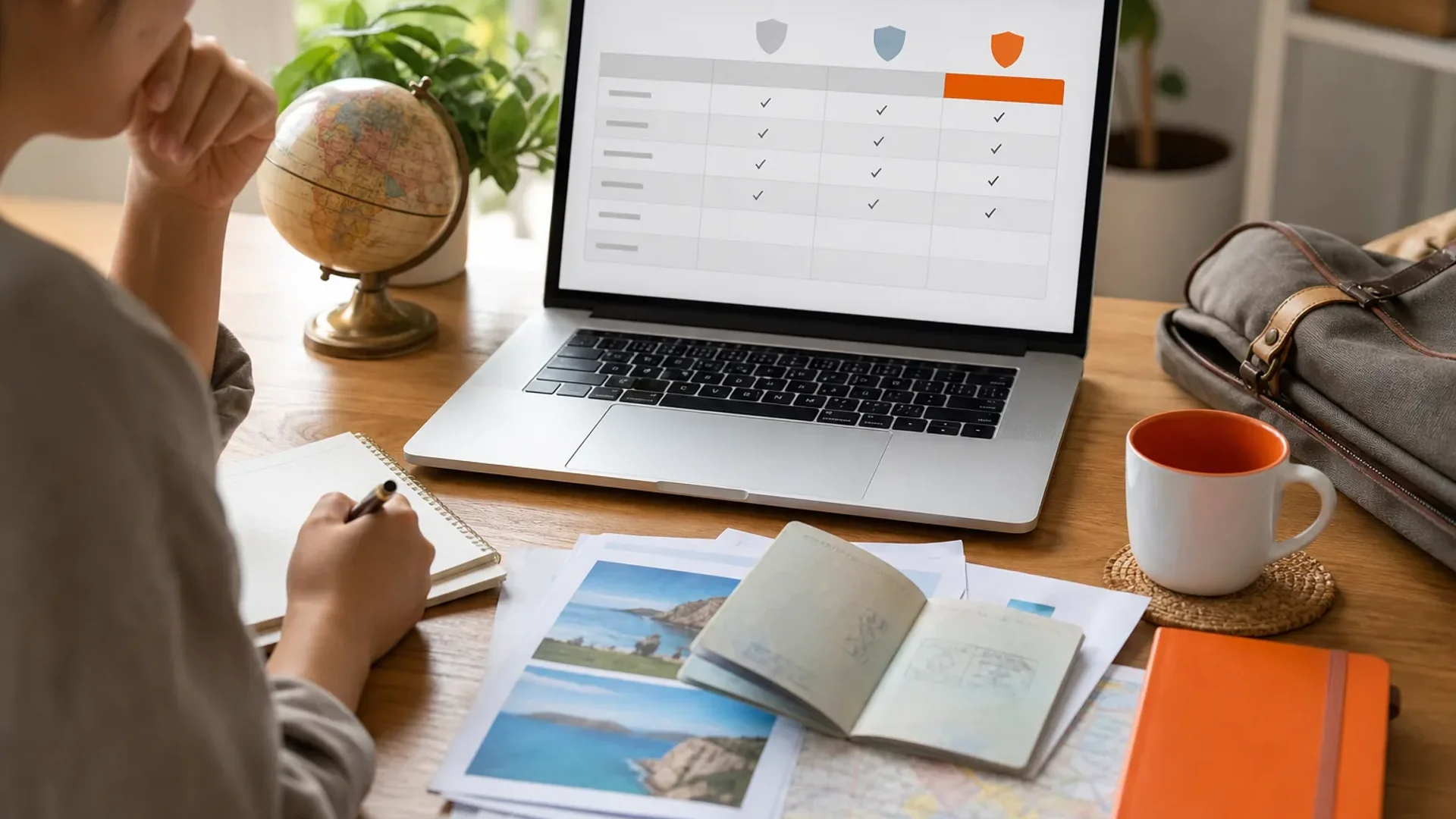 Traveler comparing annual travel insurance plans at a planning desk