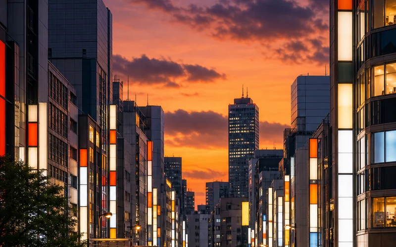 A wide-angle photorealistic street scene in Shinjuku, Tokyo at dusk , neon signs glowing in Japanese, pedestrians crossing a busy intersection, skyscrapers in the background, orange and purple sky, city energy at its peak. Alt: Shinjuku Tokyo neighborhood at dusk with neon lights and busy streets