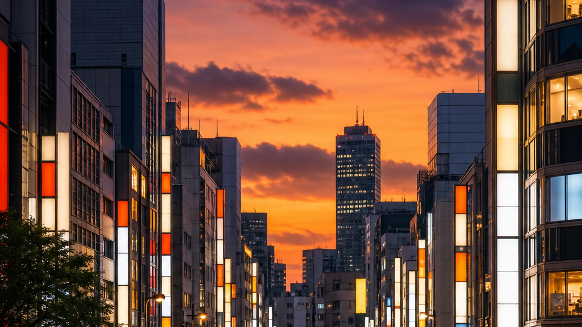 A wide-angle photorealistic street scene in Shinjuku, Tokyo at dusk , neon signs glowing in Japanese, pedestrians crossing a busy intersection, skyscrapers in the background, orange and purple sky, city energy at its peak. Alt: Shinjuku Tokyo neighborhood at dusk with neon lights and busy streets