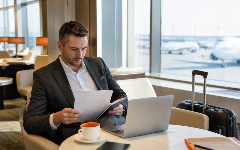 Business traveler comparing premium travel card benefits in an airport lounge.