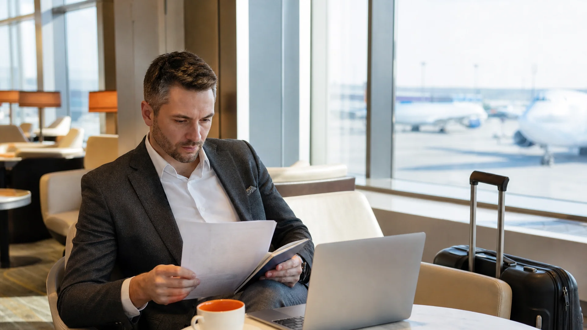 Business traveler comparing premium travel card benefits in an airport lounge.