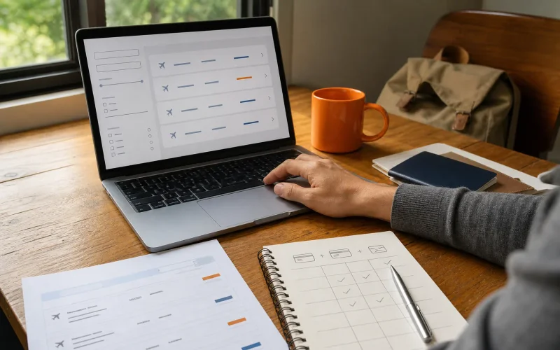 Traveler comparing flight credit card rewards and booking options