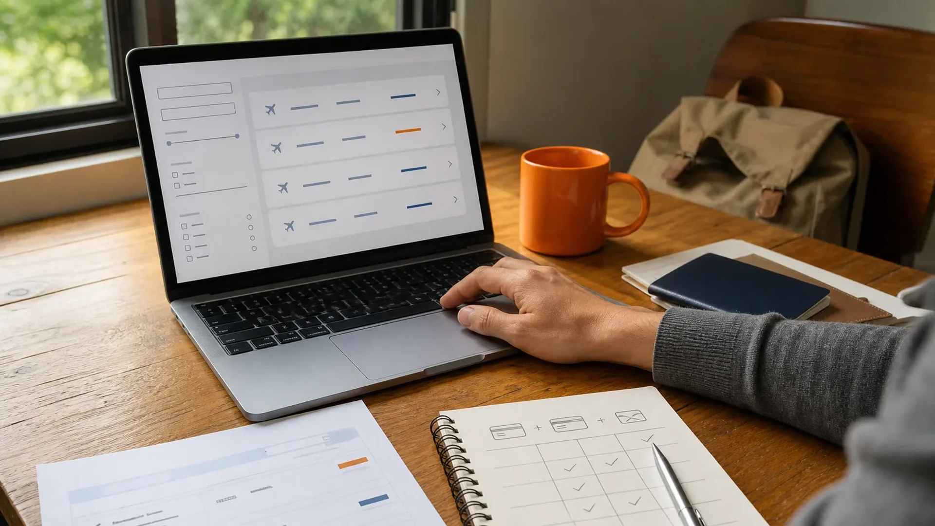 Traveler comparing flight credit card rewards and booking options