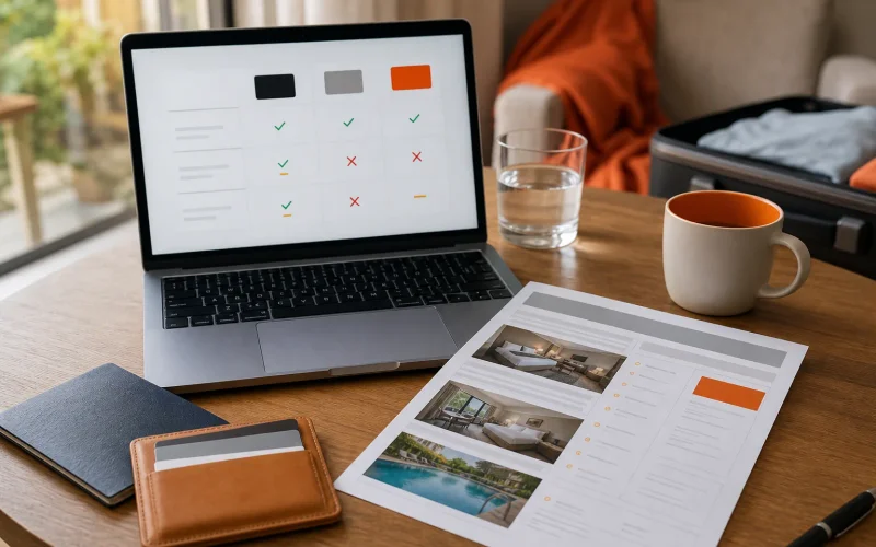 Traveler comparing hotel points credit cards beside a trip itinerary.