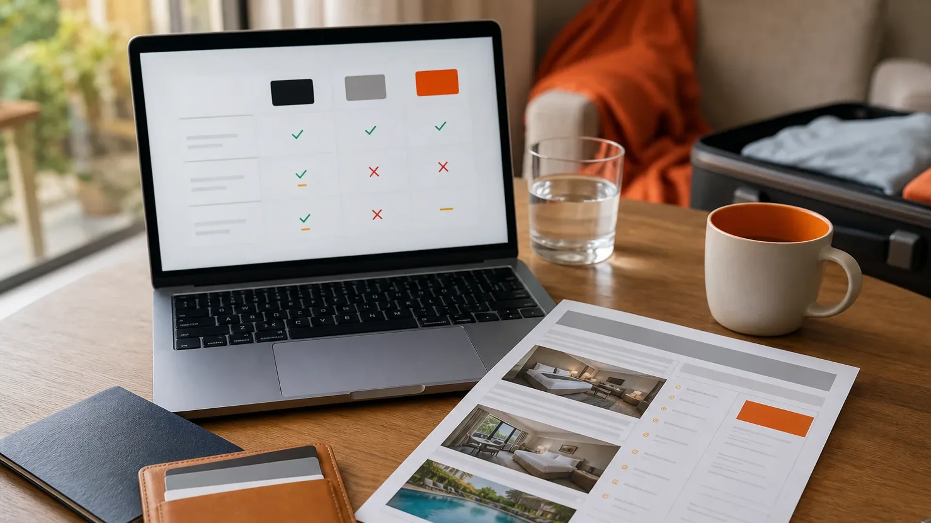 Traveler comparing hotel points credit cards beside a trip itinerary.