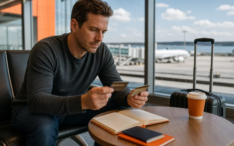 Traveler comparing credit cards for international travel