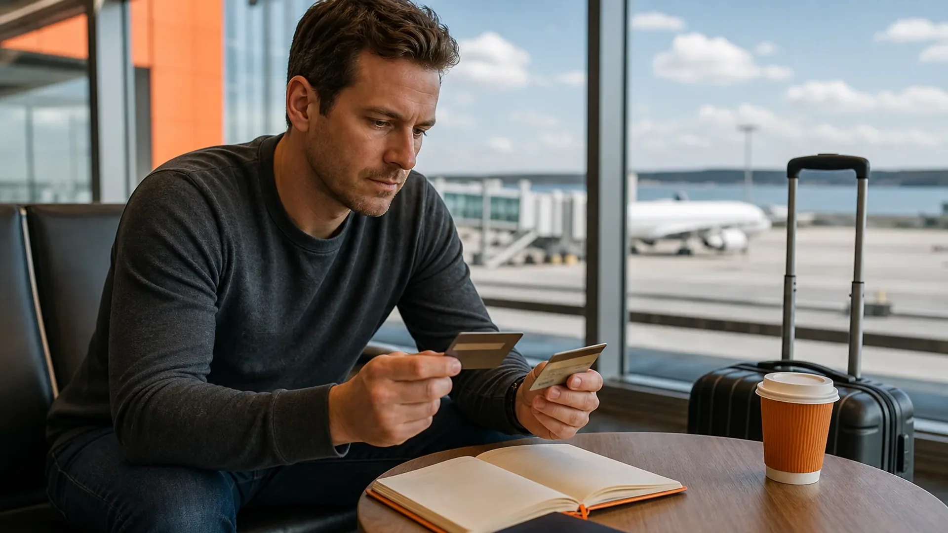 Traveler comparing credit cards for international travel