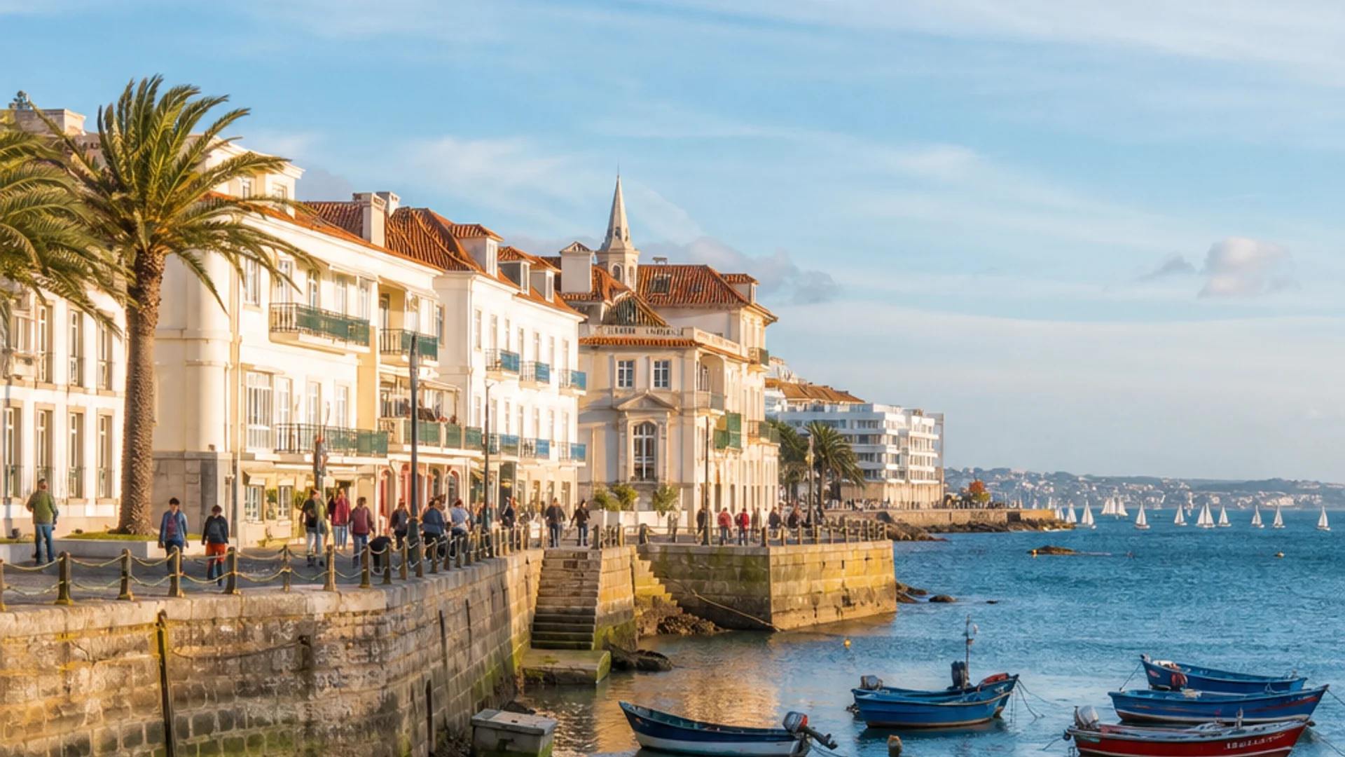 Cascais waterfront day trip from Lisbon with fishing boats and ocean views.
