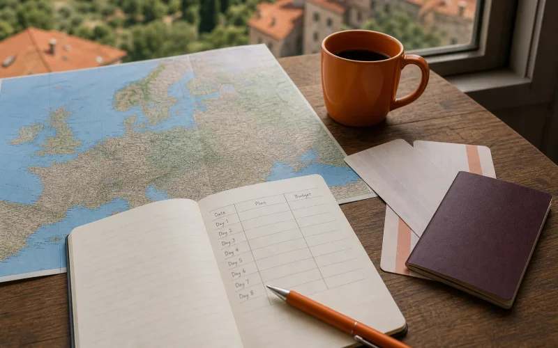 Europe vacation planning map with travel budget and itinerary notes.