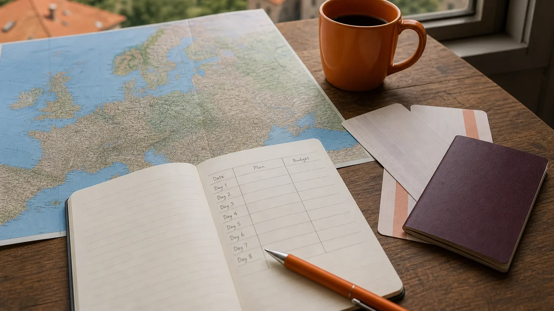 Europe vacation planning map with travel budget and itinerary notes.