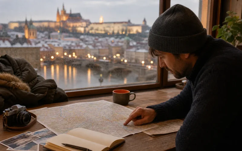 Traveler planning a winter trip to European cities