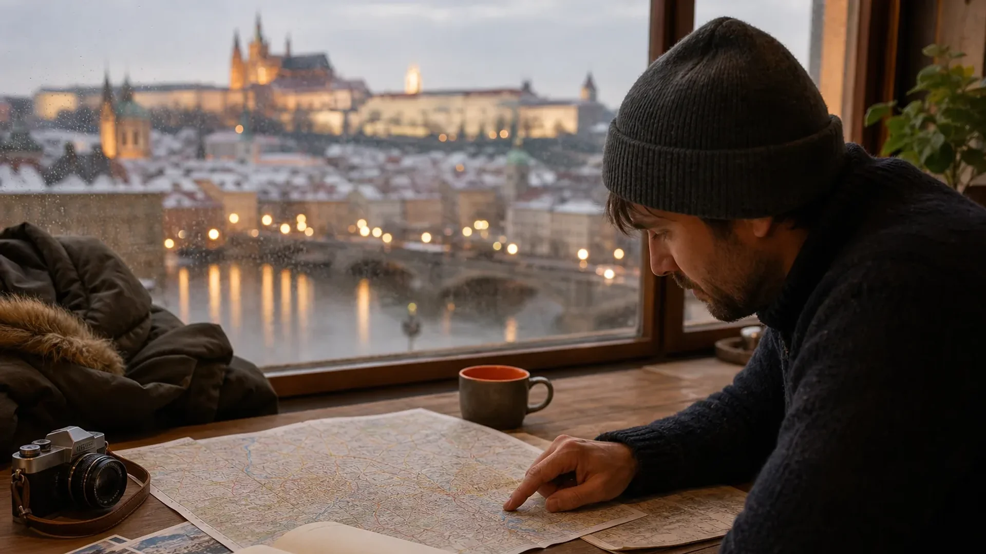 Traveler planning a winter trip to European cities