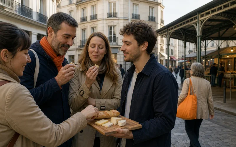 Paris food tour in the Marais near a covered market