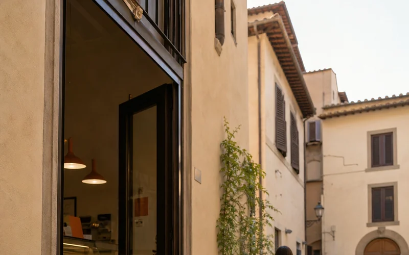 A photorealistic 16:9 scene of a small, sunlit Florentine piazza with cobblestones and terracotta-toned buildings, a compact gelato shop with an open doorway, locals sitting on steps eating gelato in paper cups, warm afternoon light casting long shadows. Alt: Gelateria della Passera in Piazza della Passera, a quiet local gelato spot in Florence's Oltrarno neighborhood.