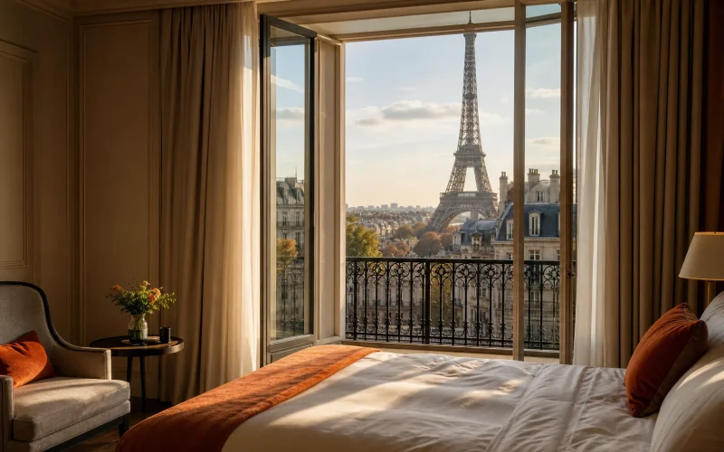 Paris hotel room with Eiffel Tower view