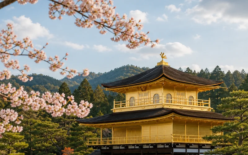 Kinkaku-ji (Golden Pavilion) reflected in its pond with cherry blossoms in the foreground