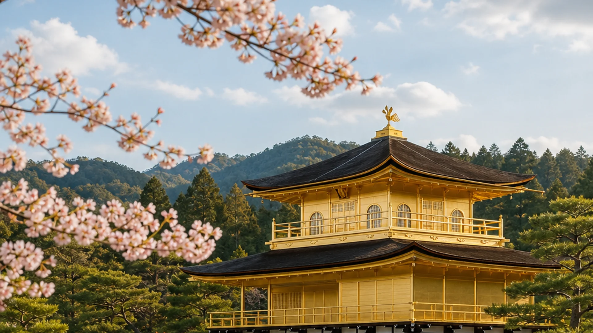 A photorealistic view of Kinkaku-ji (Golden Pavilion) reflected in its pond, with cherry blossoms in the foreground, bright morning light, realistic detail, Realism style, alt: Kyoto Golden Pavilion reflected in water