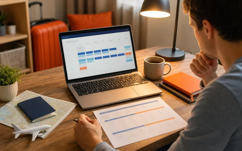Traveler planning international flight dates at a desk