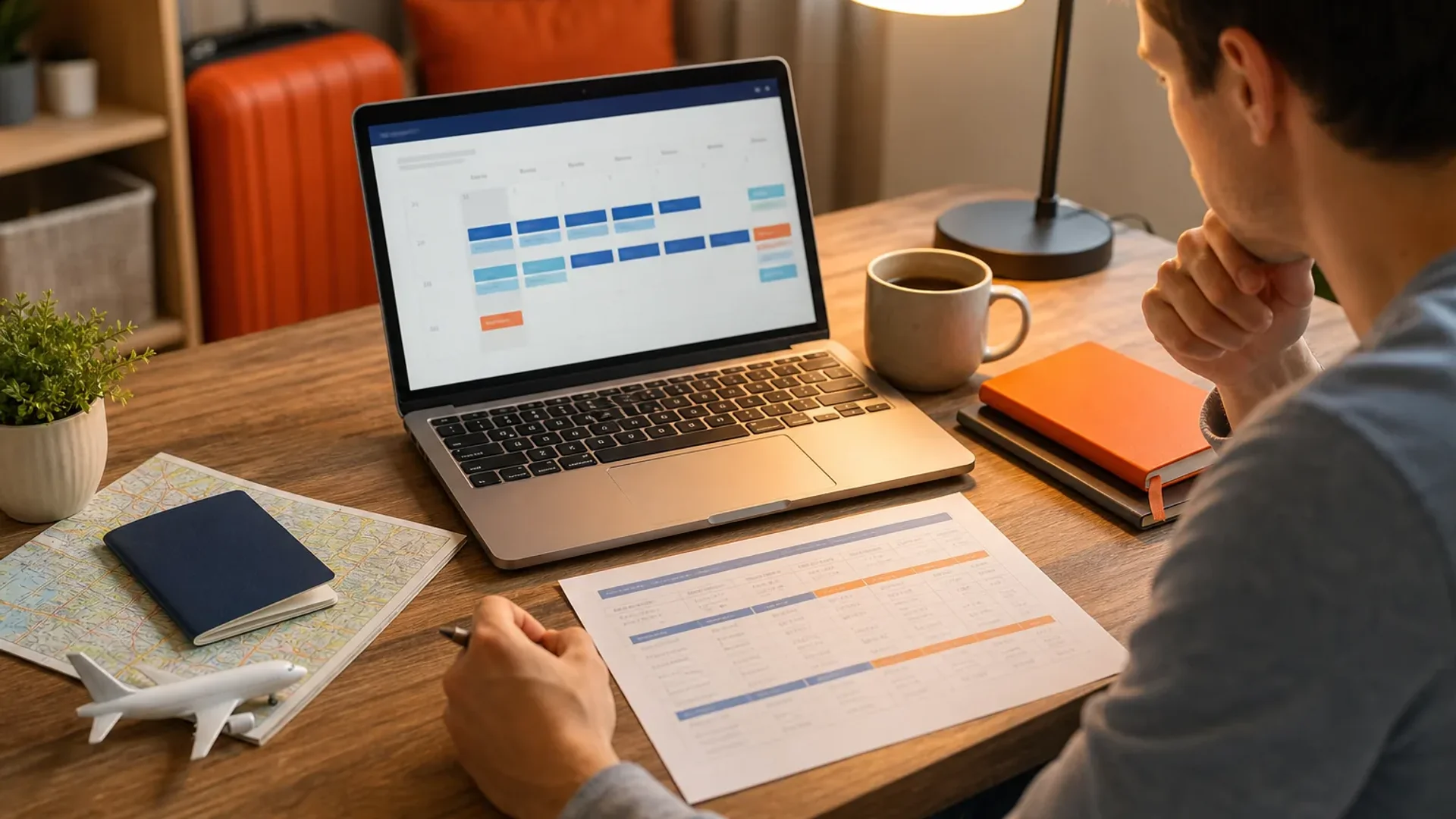 Traveler planning international flight dates at a desk