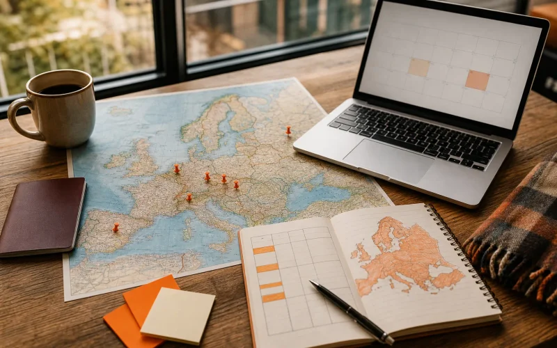 Europe travel planning map with seasonal notes and itinerary calendar