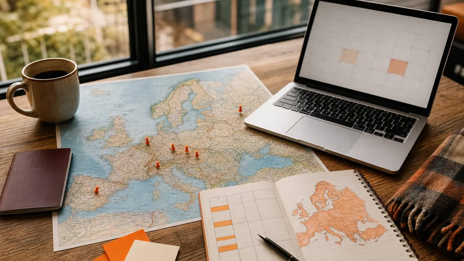 Europe travel planning map with seasonal notes and itinerary calendar
