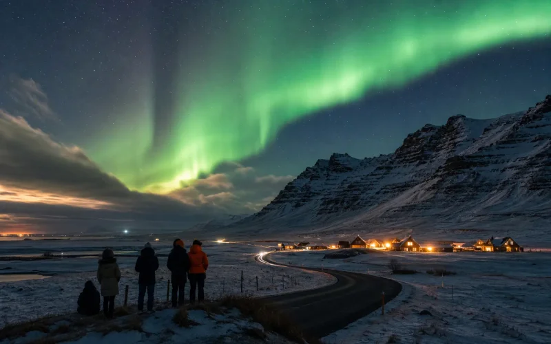 Iceland countryside under the northern lights during winter travel
