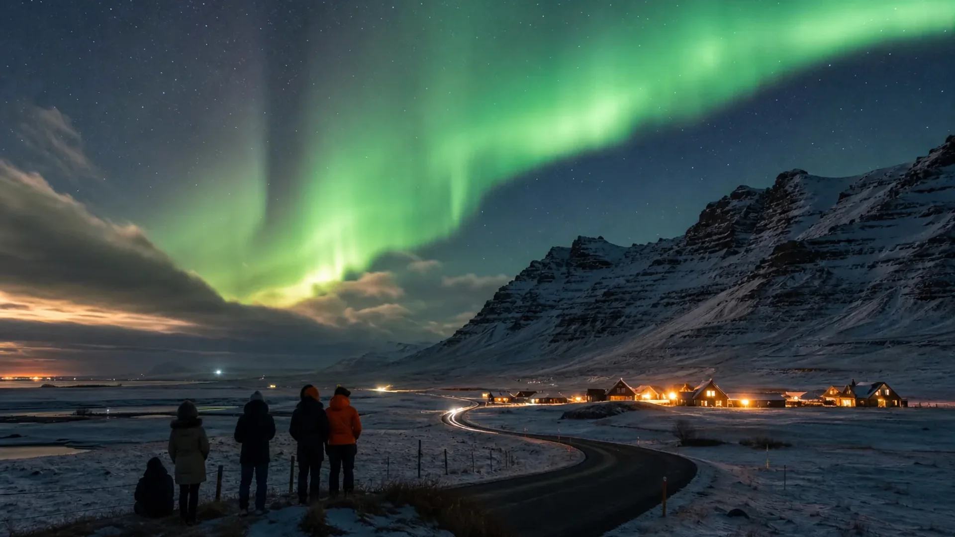 Iceland countryside under the northern lights during winter travel