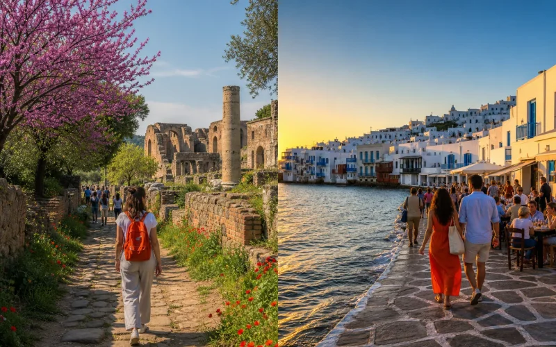 Italy and Greece travel seasons comparison for spring, summer, and fall