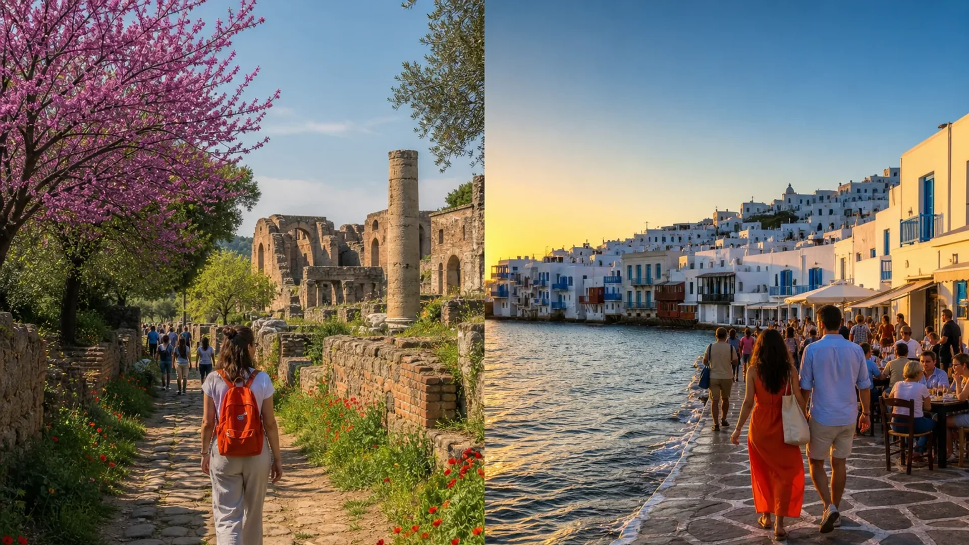 Italy and Greece travel seasons comparison for spring, summer, and fall