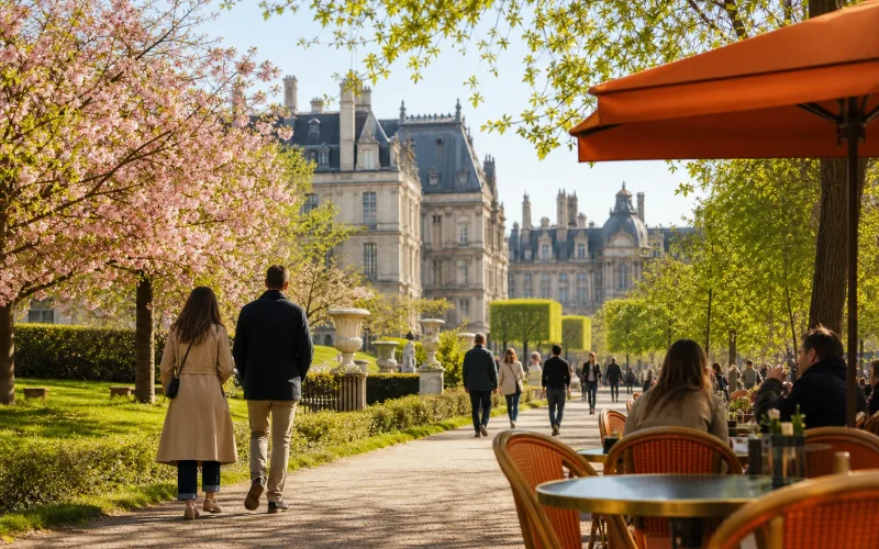 Spring travel in Paris with mild weather and quiet garden paths.