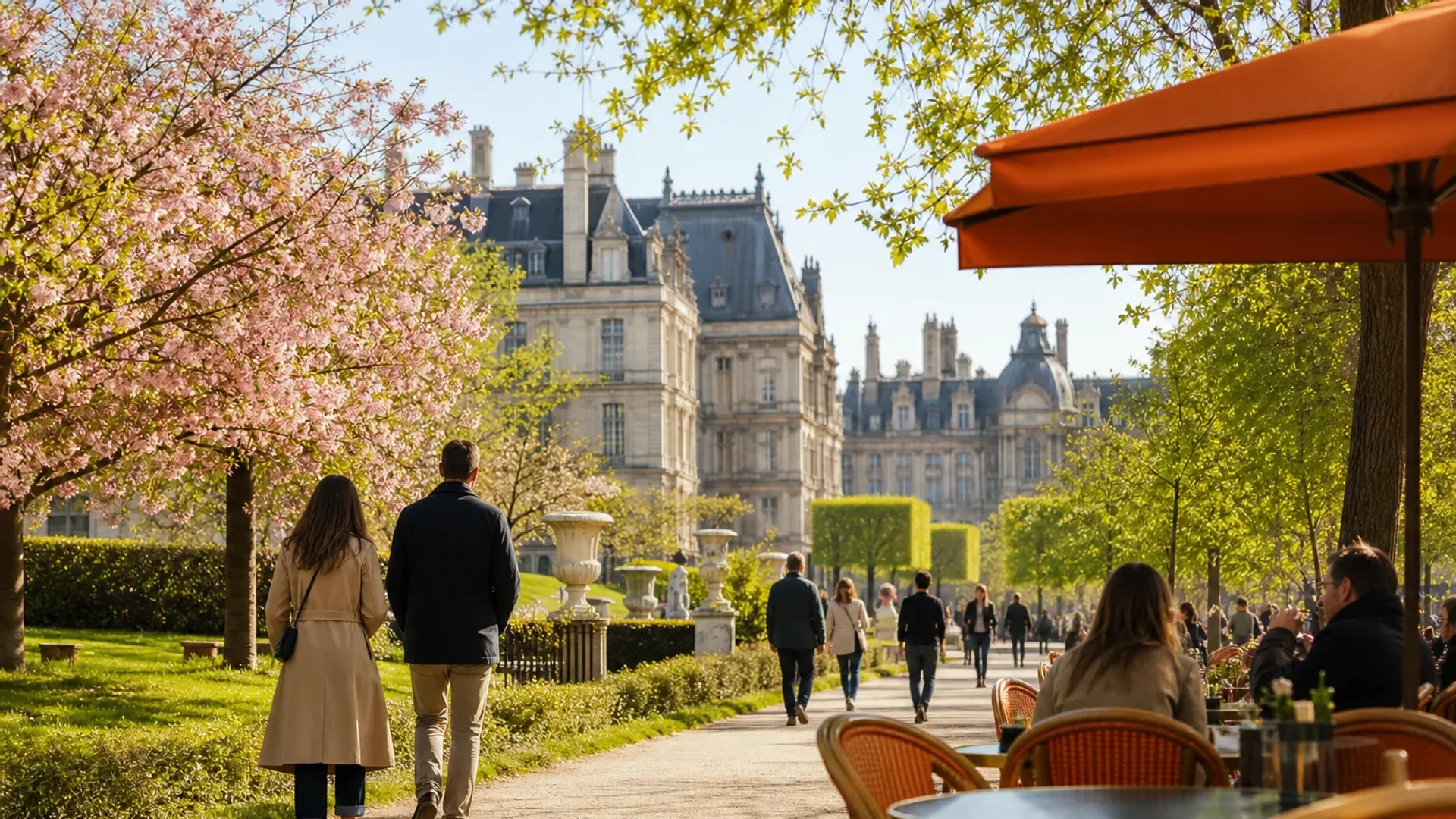 Spring travel in Paris with mild weather and quiet garden paths.