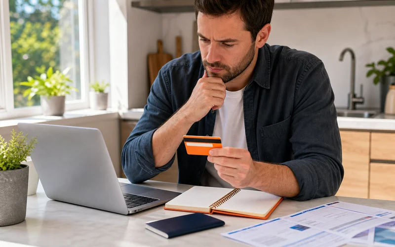 Traveler comparing no annual fee travel credit card terms