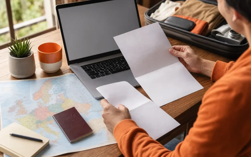 Traveler comparing Europe travel medical insurance and trip documents.