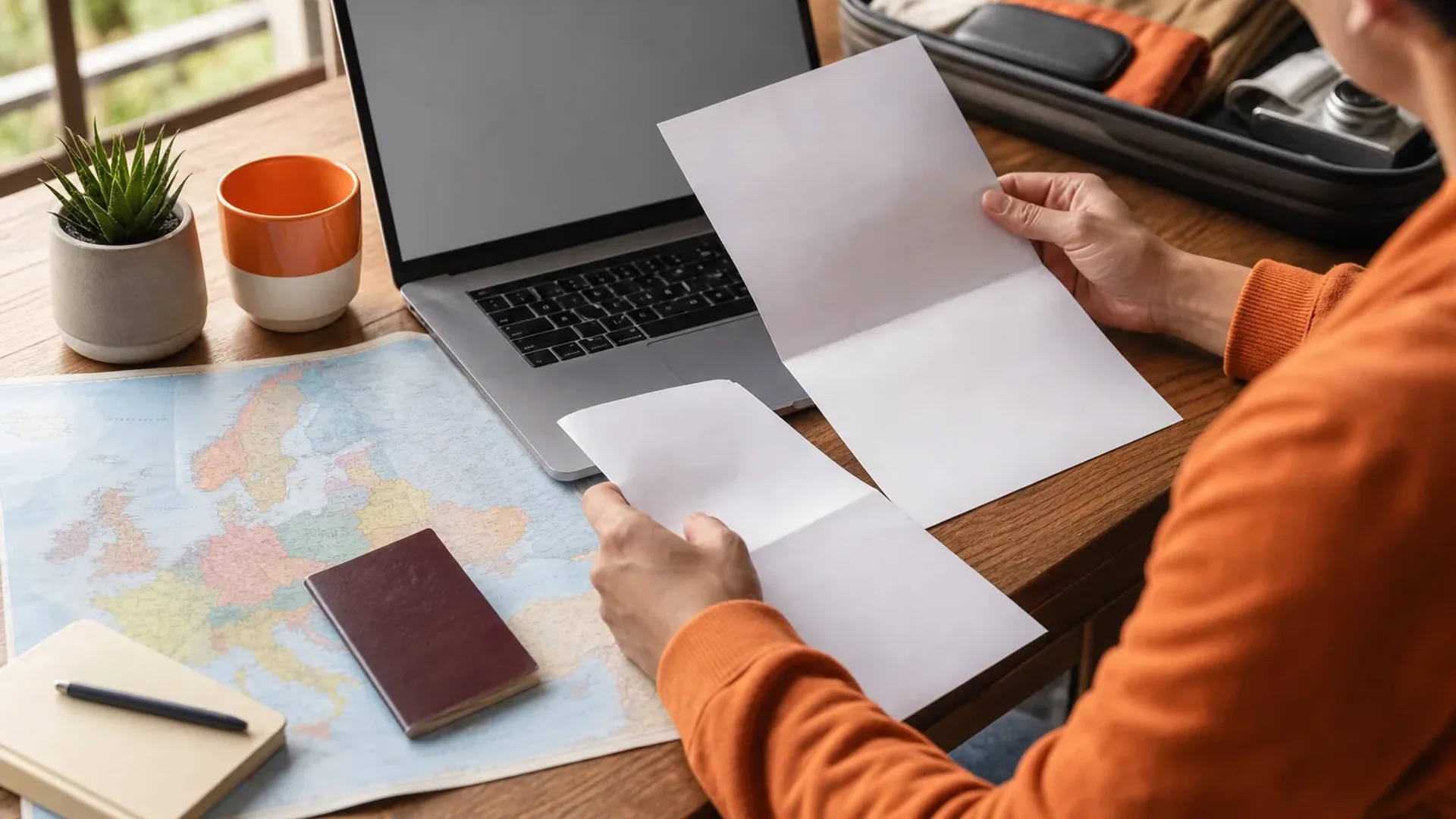 Traveler comparing Europe travel medical insurance and trip documents.