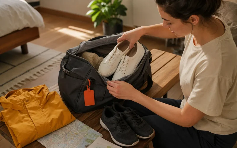 Woman choosing travel shoes for a city trip