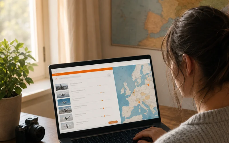 A 16:9 realism-style editorial photo of a person sitting at a wooden desk with a laptop open to a travel planning website, a coffee cup nearby, warm morning light coming through a window, map on the wall behind them. Alt: travel planning at Dream Book Travel for cheapest flights to Europe.