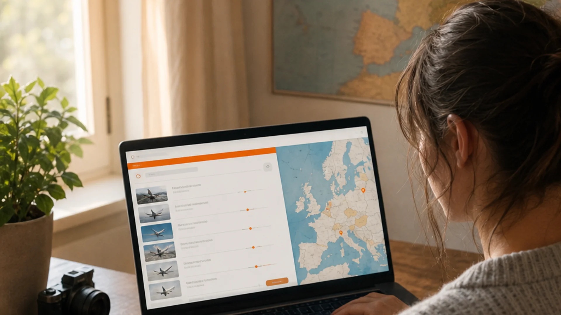 A 16:9 realism-style editorial photo of a person sitting at a wooden desk with a laptop open to a travel planning website, a coffee cup nearby, warm morning light coming through a window, map on the wall behind them. Alt: travel planning at Dream Book Travel for cheapest flights to Europe.