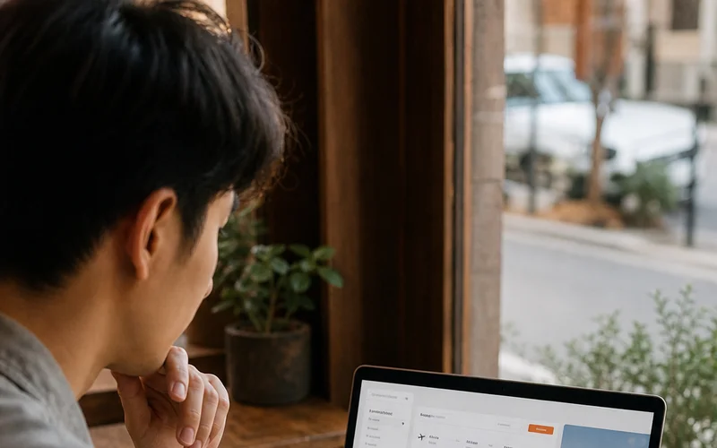 A realistic photo of a traveler looking at flight prices on a laptop in a cozy coffee shop, with a passport and travel notebook nearby. Alt: Traveler booking cheap flights to Japan with Dream Book Travel
