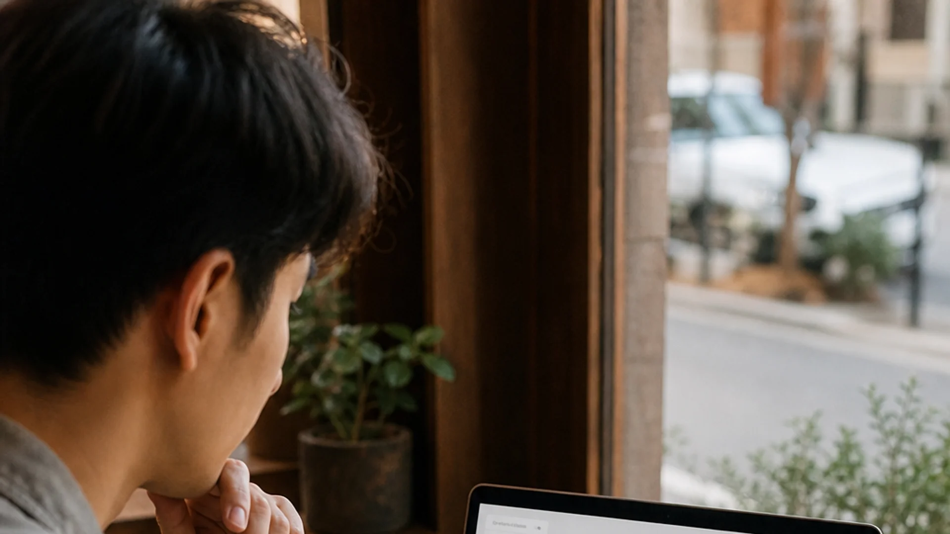 Traveler looking at flight prices on a laptop in a cozy coffee shop
