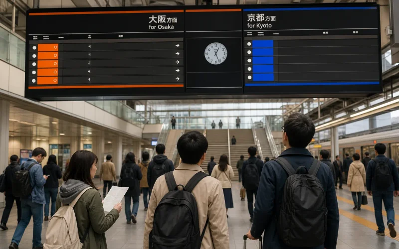 Travelers choosing a train from Osaka to Kyoto at a Japanese station