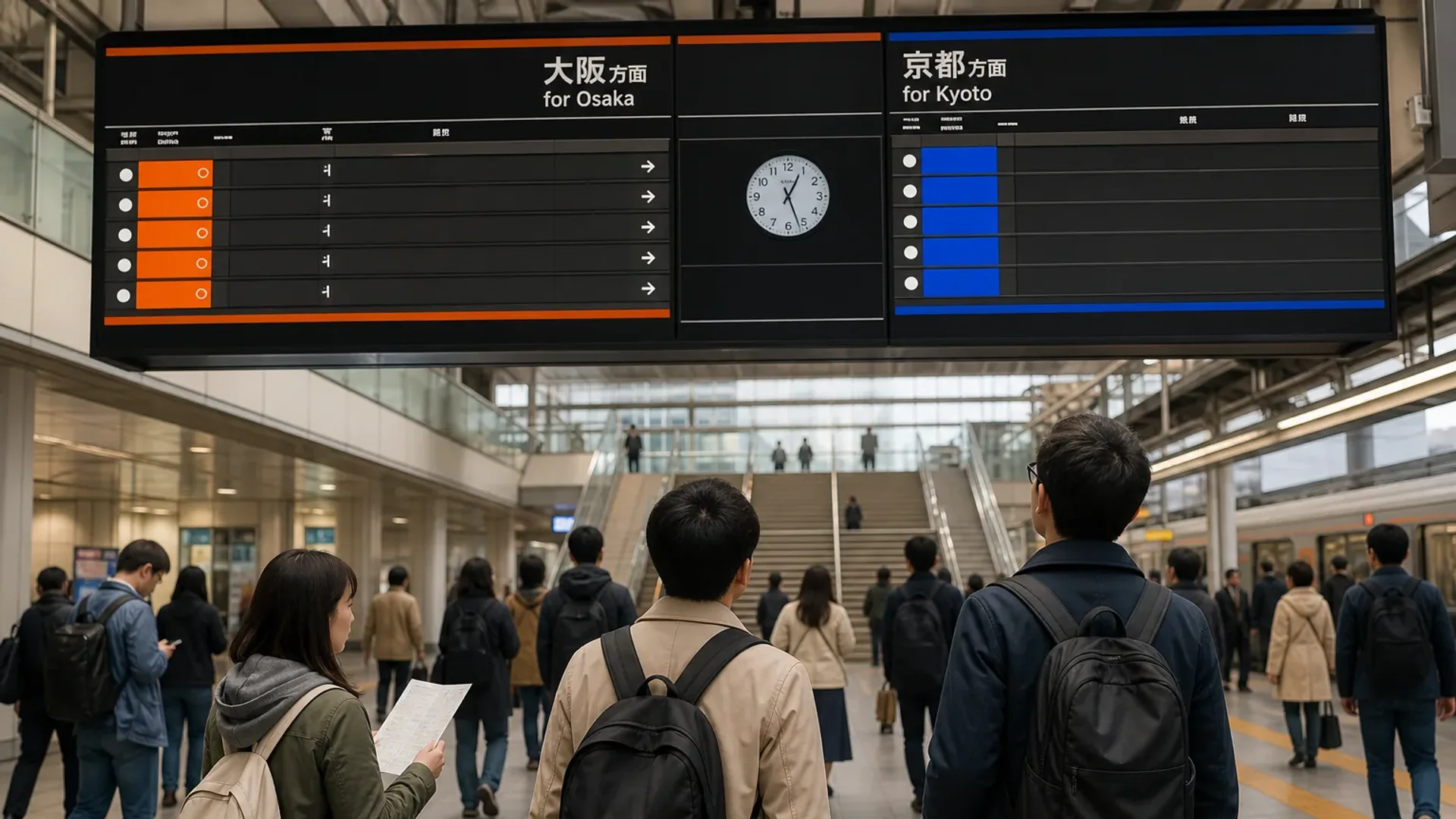 Travelers choosing a train from Osaka to Kyoto at a Japanese station