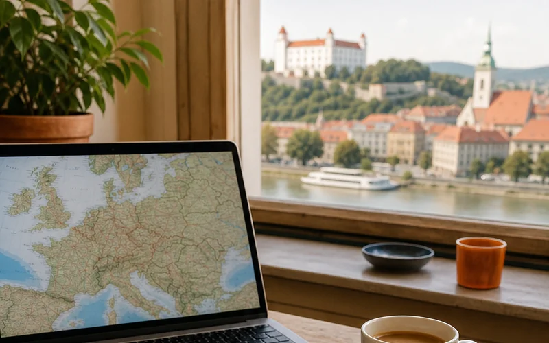A wide 16:9 realism-style editorial photo of a travel planning workspace with a laptop showing a European map, a coffee cup, a passport, and handwritten notes on a wooden desk, warm natural light from a window, no phone numbers or brand labels visible. Alt: Dream Book Travel editorial travel planning guide for Bratislava day trips.