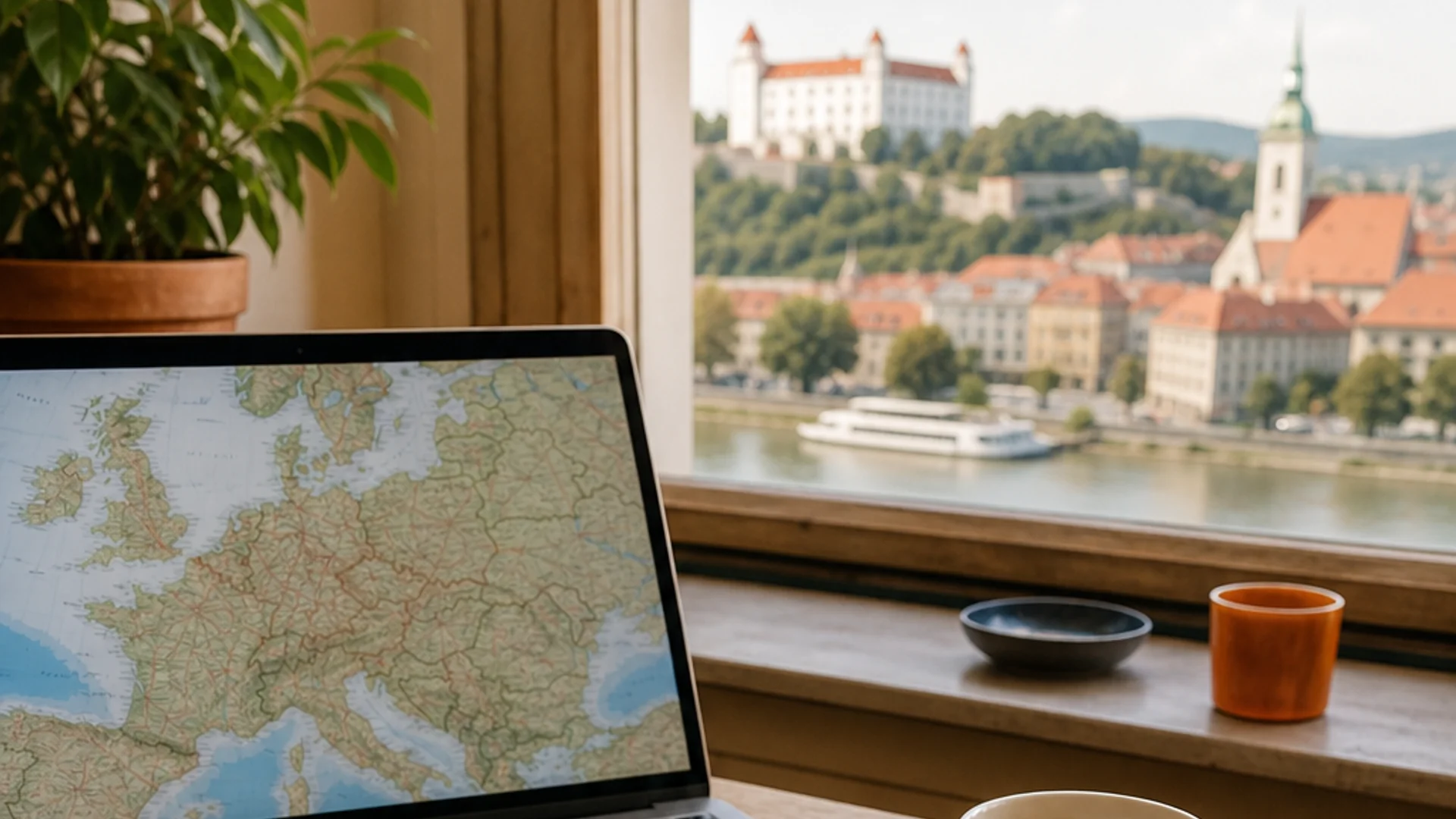 A wide 16:9 realism-style editorial photo of a travel planning workspace with a laptop showing a European map, a coffee cup, a passport, and handwritten notes on a wooden desk, warm natural light from a window, no phone numbers or brand labels visible. Alt: Dream Book Travel editorial travel planning guide for Bratislava day trips.