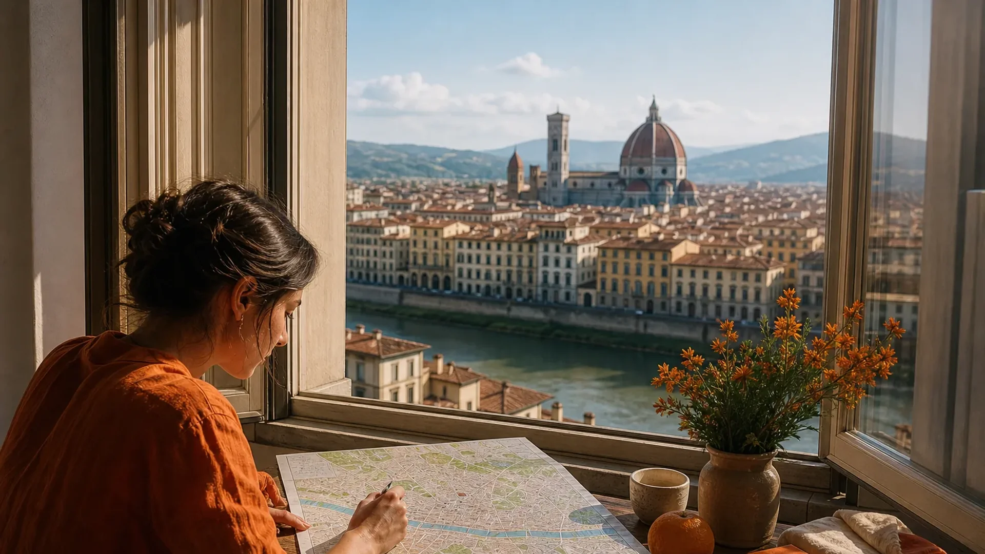 Florence itinerary planning map with Duomo and Arno