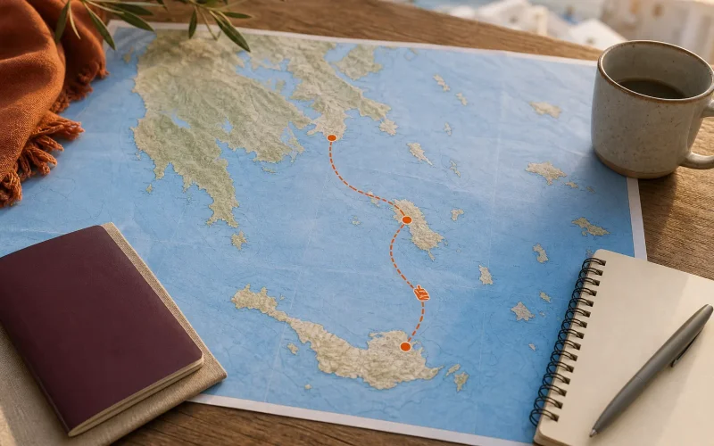 Greece 10 day itinerary route map for Athens Naxos and Santorini.
