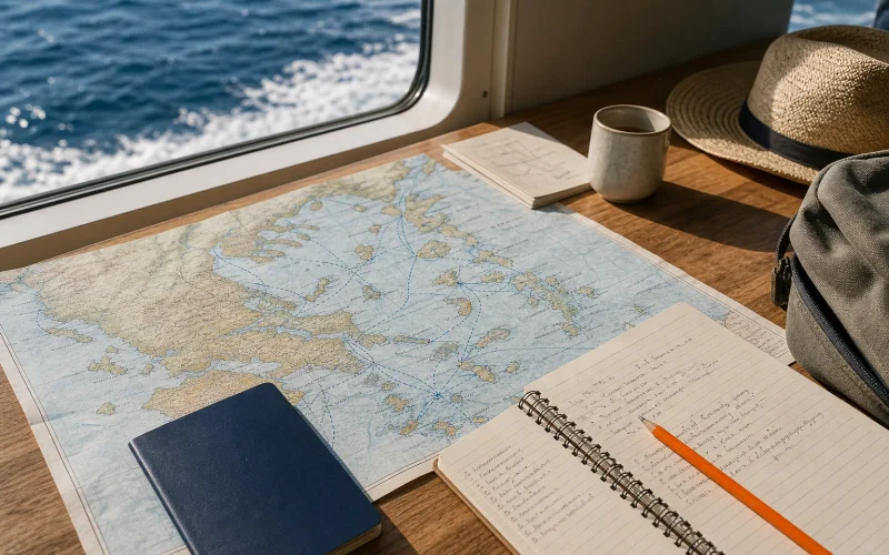 Planning a Greek islands itinerary with a map and ferry route notes.