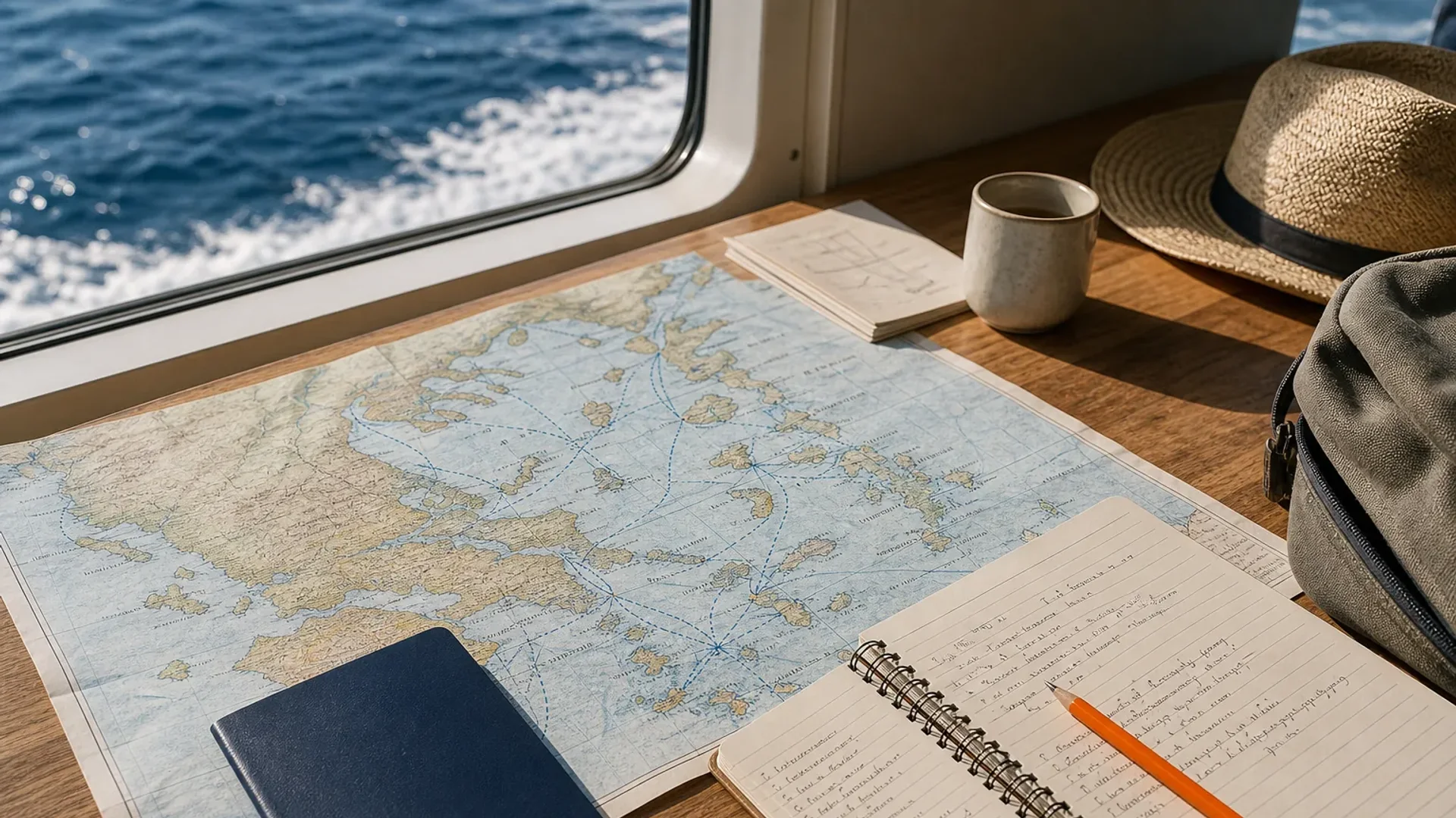 Planning a Greek islands itinerary with a map and ferry route notes.